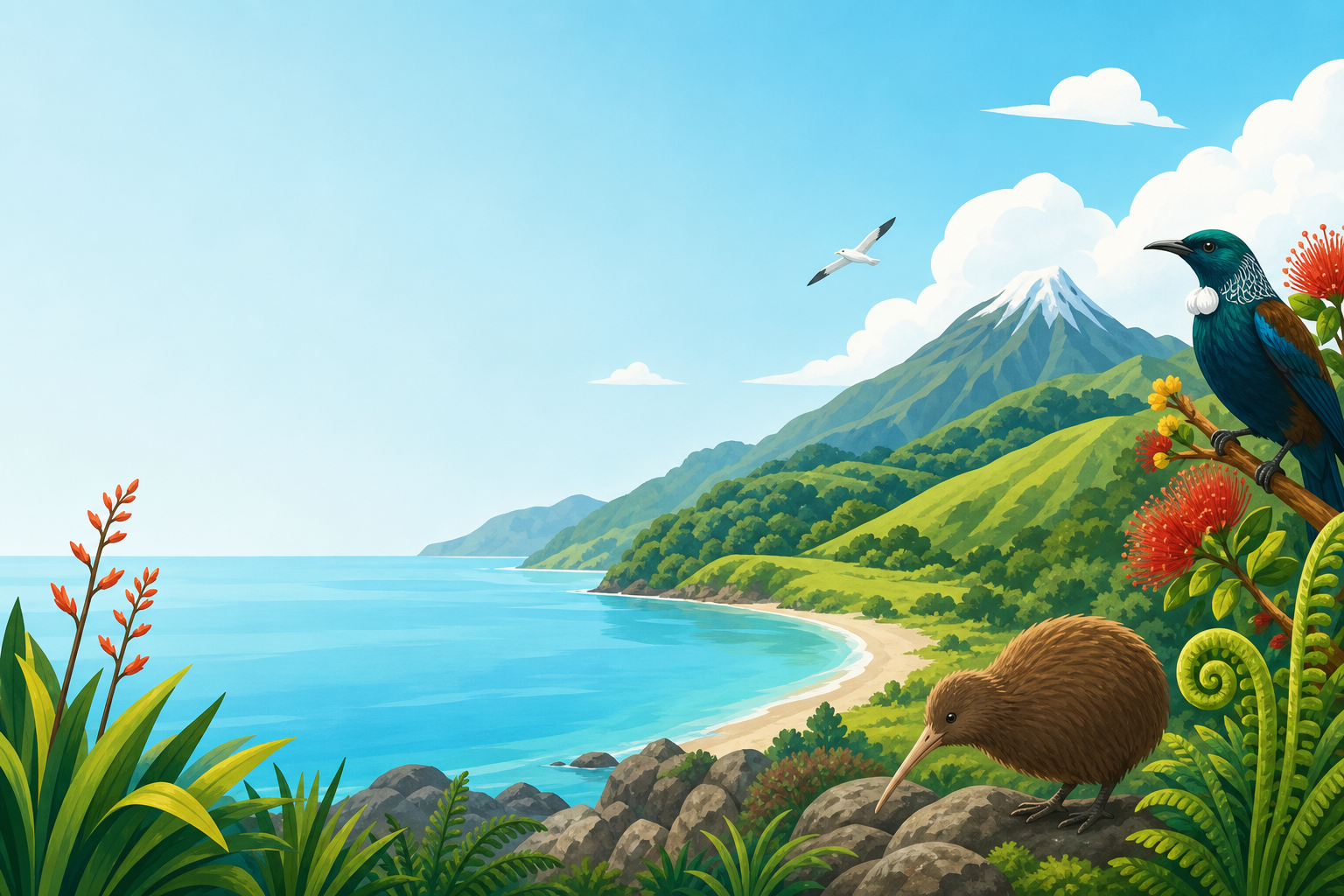 Playful Kids Portal hero with bright NZ nature shapes and primary colours